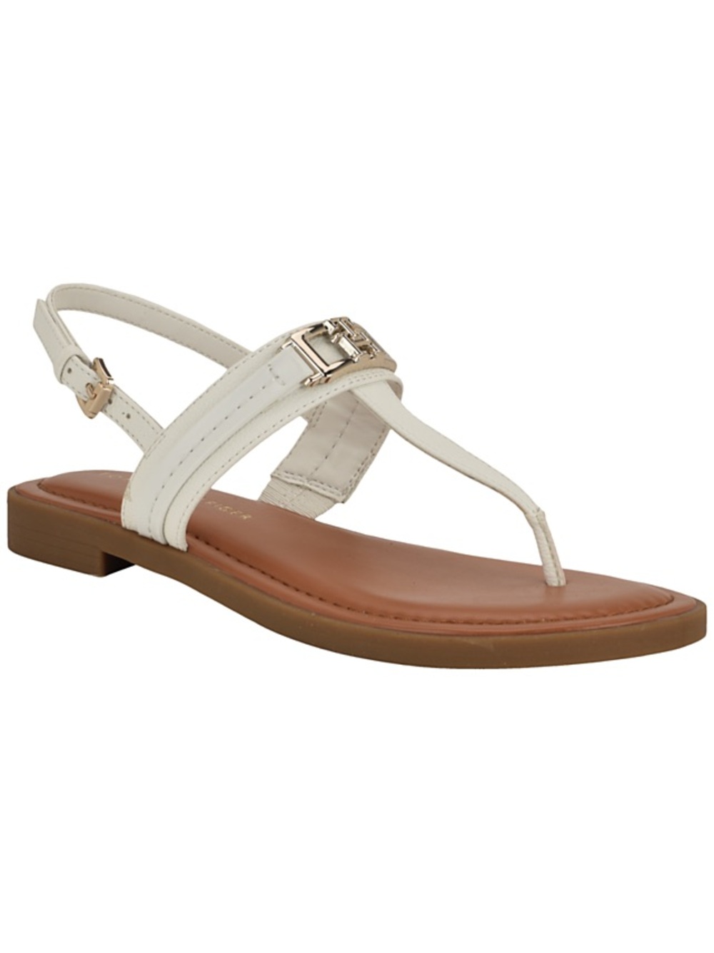Tommy Hilfiger White and Tan T-Strap Sandals with Gold Accent